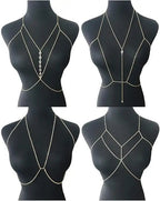 Women's gold body chain necklace bikini jewelry set with four pieces, featuring intricate chain designs and versatile accessories.