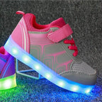 Kids luminous shoes by MANDOTOS with glowing soles and colorful straps, perfect for active children and nighttime wear.