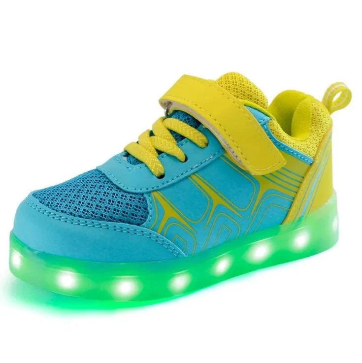 Kids luminous shoes by MANDOTOS with glowing soles and colorful designs, perfect for active children.