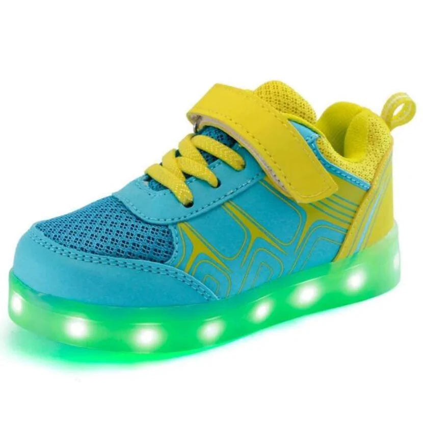 Kids luminous shoes by MANDOTOS featuring glowing soles and colorful design, perfect for active children.