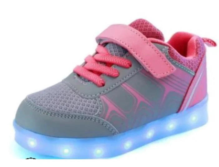 Kids luminous shoes by MANDOTOS featuring glowing soles and colorful design, perfect for active children.