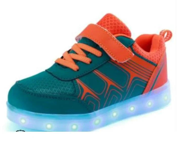 Kids luminous shoes by MANDOTOS with glowing soles and colorful design, perfect for active children.