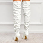 Mandotos women's knee-high long boots with super high heels, stylish party shoes for fashionable occasions.
