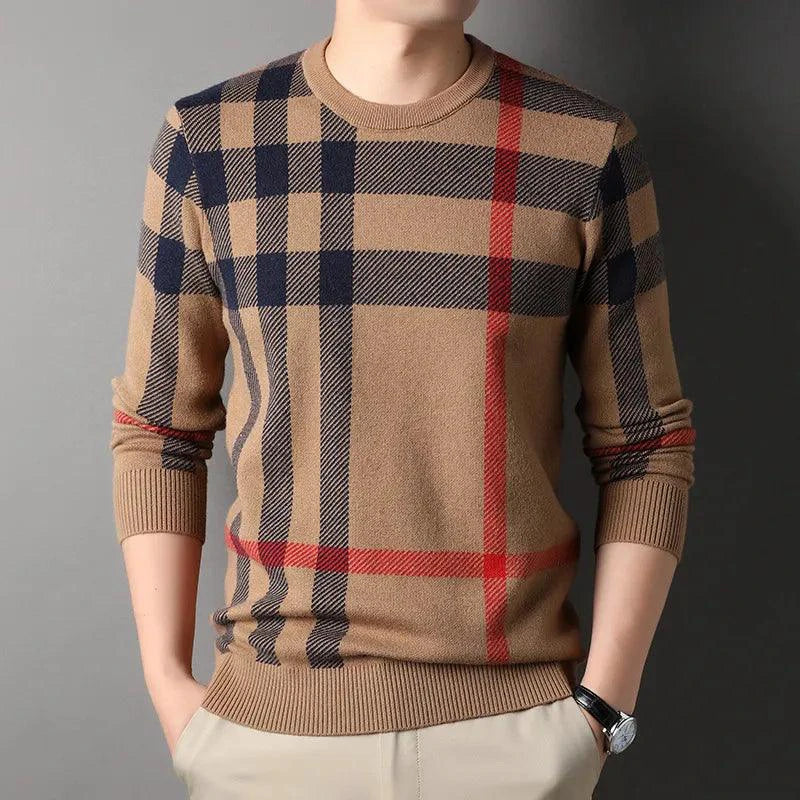 Mandotos men's knitwear casual crew neck sweater, showing a comfortable, fitted design in neutral color.