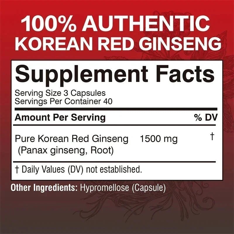 Mandotos Korean Red Panax Ginseng Capsules for energy, mood, stamina, and mental health support in a clear bottle.
