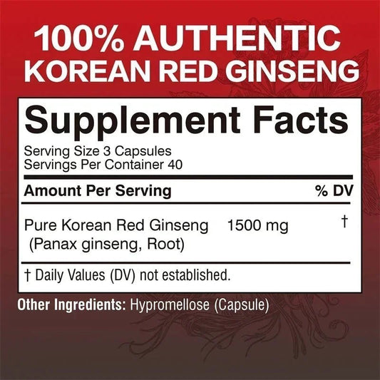 Mandotos Korean Red Panax Ginseng capsules for energy, mood, stamina, and mental health support, shown in a bottle with capsules