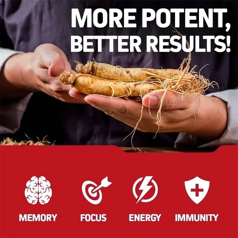 Mandotos Korean Red Panax Ginseng capsules for energy, mood, stamina, and mental health support, shown in a white bottle.