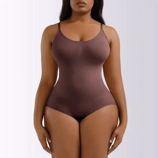 Mandotos ladies' curve-enhancing shaper bodysuit shown on a model, highlighting slimming fit and supportive design.