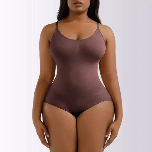 Mandotos ladies' curve-enhancing shaper bodysuit shown on a model, featuring a snug fit to contour and smooth the figure.