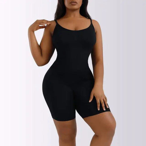 Mandotos Ladies' curve-enhancing shaper bodysuit in black, with seamless design and adjustable straps for a smooth silhouette.