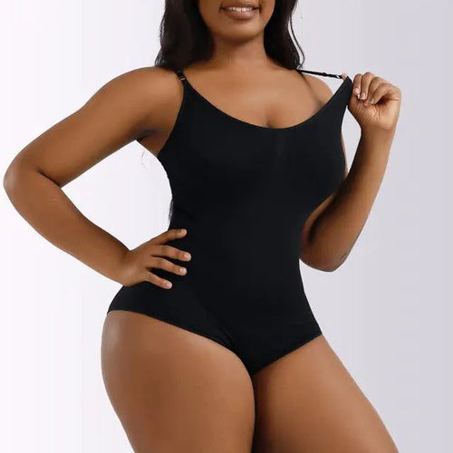 Mandotos ladies' curve-enhancing shaper bodysuit showing a snug fit, smooth silhouette, and adjustable straps on a white background.