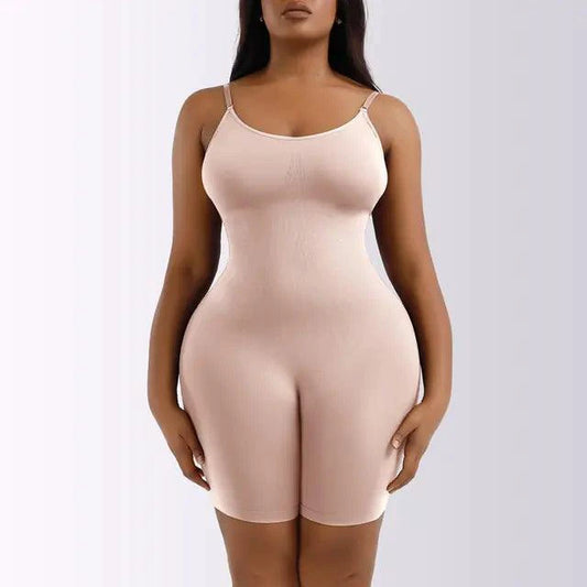 Mandotos ladies' curve-enhancing shaper bodysuit shown on a model, smooths and shapes the waist and hips for a flattering fit.