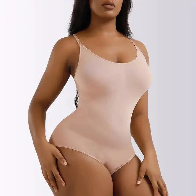 Mandotos Ladies' Curve-Enhancing Shaper Bodysuit shown on a model, featuring adjustable straps and seamless design for a smooth silhouette.