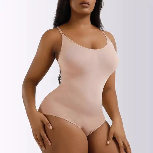Mandotos Ladies' Curve-Enhancing Shaper Bodysuit shown on a model, featuring adjustable straps and seamless design for a smooth silhouette.
