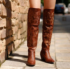 Mandotos ladies high heel ethnic embroidered over knee boots with intricate patterns and stylish design.