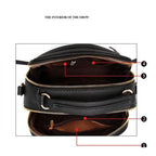 Elegant ladies' luxury leather handbag by MANDOTOS with gold-tone hardware and structured design.