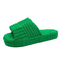 Comfortable ladies' plush slip-on slippers from MANDOTOS with soft fabric and cozy design for indoor wear.
