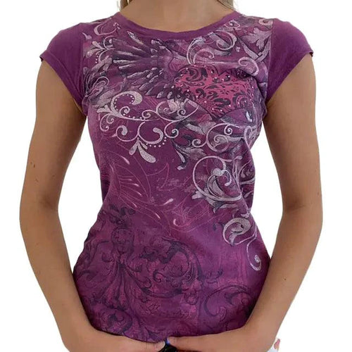 Ladies' retro print crop tee by MANDOTOS featuring vibrant vintage-inspired design and casual fit.