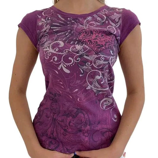 Ladies' retro print crop tee by MANDOTOS featuring vibrant vintage-inspired design and casual fit.