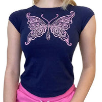 Ladies' retro print crop tee by MANDOTOS featuring bold vintage-inspired design and a fitted cropped silhouette.