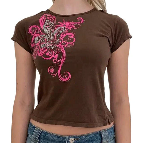 Ladies' retro print crop tee by MANDOTOS featuring vibrant vintage-inspired pattern and relaxed fit.