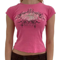 Ladies' retro print crop tee by MANDOTOS featuring colorful vintage-inspired design and fitted casual style.