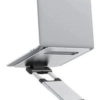 Mandotos laptop stand for desk with 360° rotating base, adjustable height and sturdy design for ergonomic use.