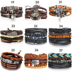 Mandotos layered leather charm bracelet with metal and leather accents, stylish accessory for casual or boho outfits