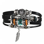 Mandotos layered leather charm bracelet with metal and leather accents, stylish accessory for casual or boho outfits.
