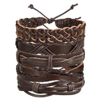 Mandotos layered leather charm bracelet with multiple leather straps and metal charms, stylish and adjustable accessory.