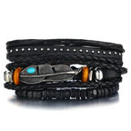 Mandotos layered leather charm bracelet with metal and leather accents, stylish accessory for casual or chic outfits.