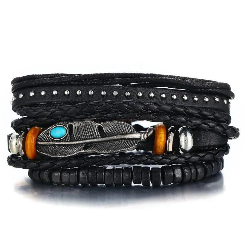 Mandotos layered leather charm bracelet with metal and leather accents, stylish accessory for casual or chic outfits.