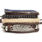 Mandotos layered leather charm bracelet featuring multiple leather strands and metal charms on a neutral background.