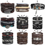 Mandotos layered leather charm bracelet with metal and leather strands, featuring small decorative charms, on a neutral background.