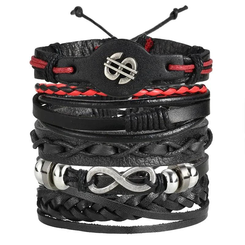 Mandotos layered leather charm bracelet with multiple straps and decorative charms, stylish accessory for casual wear.