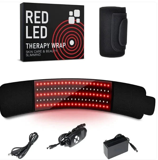 Mandotos LED infrared belt therapy device wrapped around a person's waist for pain relief and muscle relaxation.