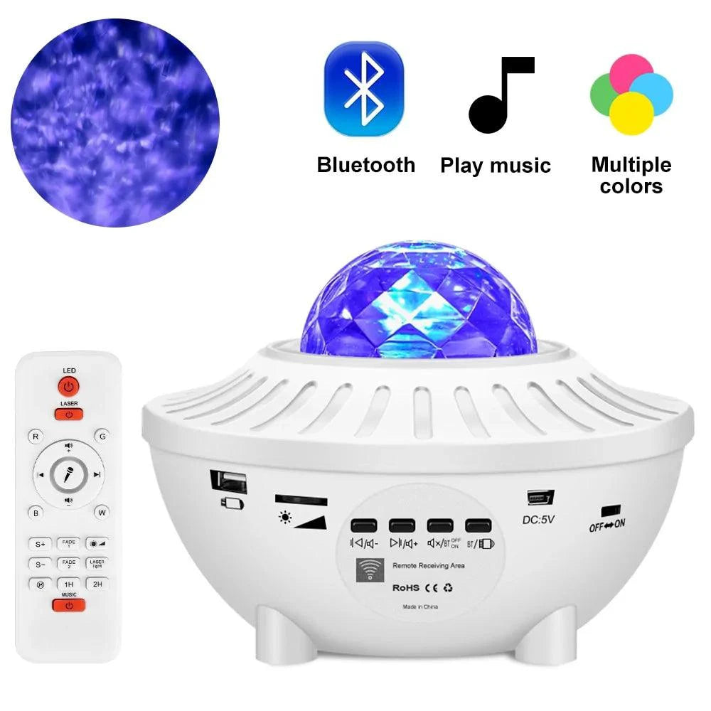 Mandotos LED Star Galaxy Projector Lamp displaying a colorful star and galaxy projection on a dark wall.