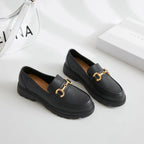 Mandotos women's loafers shoes with sleek black leather and classic slip-on design, ideal for casual or office wear.