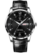Luminous men's waterproof dual calendar watch by MANDOTOS with black strap and illuminated dial showing date and time.