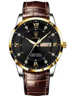 Luminous men's waterproof dual calendar watch by MANDOTOS showing time and date on a black dial with luminous hands.