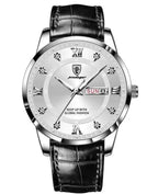 Luminous men's waterproof dual calendar watch by MANDOTOS showing time, date, and luminous dial in a close-up image.