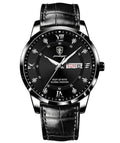 Mandotos luminous men's waterproof dual calendar watch showing time and date on a black dial with luminous hands.