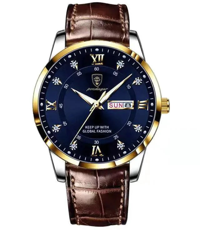 Luminous men's waterproof dual calendar watch by MANDOTOS showing time, date, and luminous hands on a black dial.