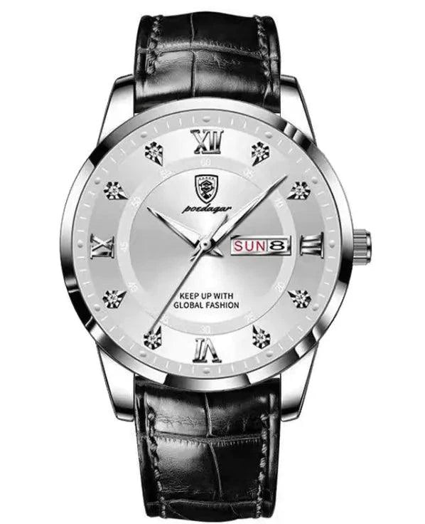 Mandotos luminous men's waterproof dual calendar watch showing time, date, and luminous dial on a black strap.
