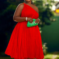 Mandotos Luxe Couture ruffle midi dress with flowing pleats, elegant design, and soft fabric for a sophisticated look.