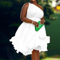 Mandotos Luxe Couture Ruffle Midi Dress with flowing pleats, elegant design, and lightweight fabric for a sophisticated look.
