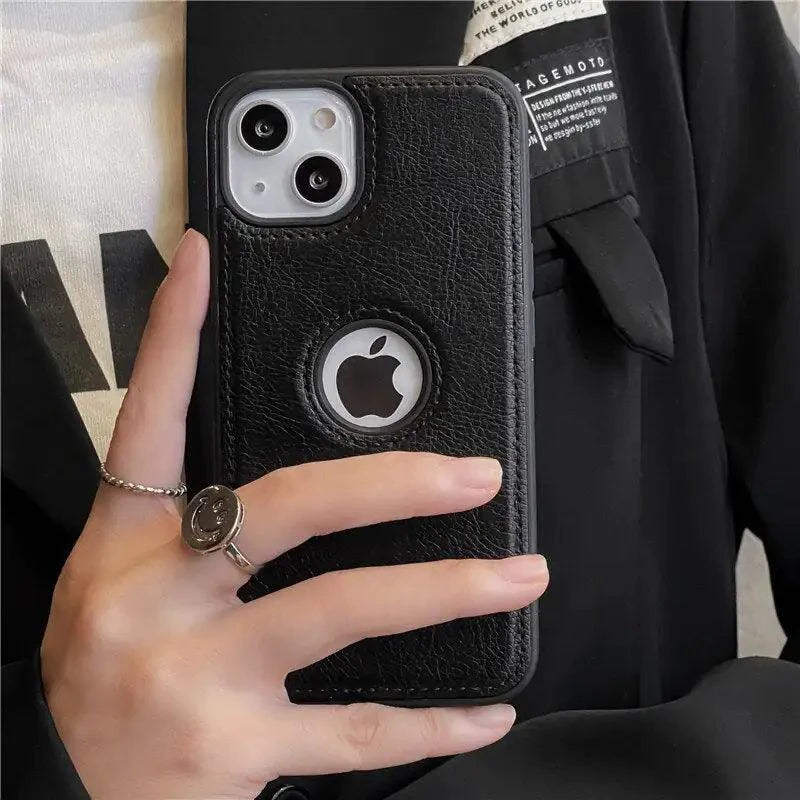 Luxurious black leather sleeve by MANDOTOS, showcasing smooth texture and sleek design for stylish protection.