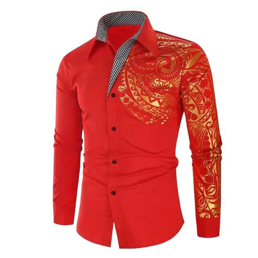 Mandotos luxury gold and black men's slim fit long sleeve shirt, stylish and modern for formal or casual wear.