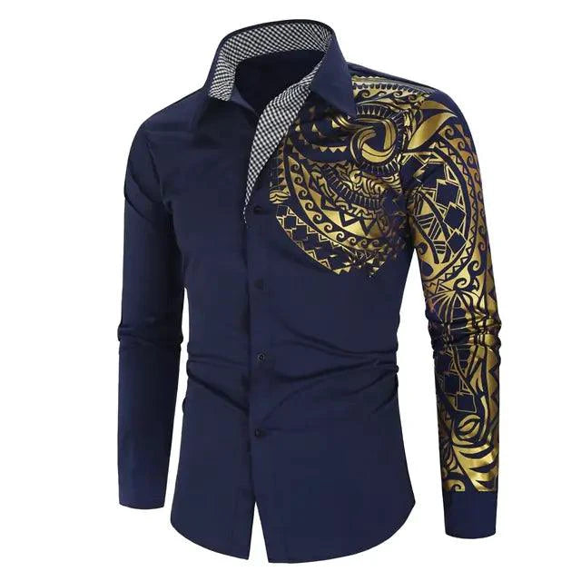 Men's luxury gold and black slim fit long sleeve shirt by MANDOTOS, stylish and modern with a sleek design.