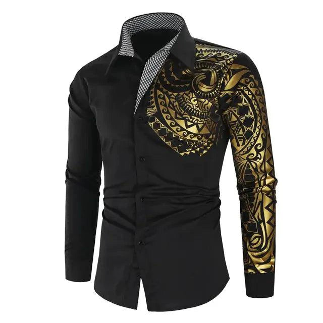 Mandotos luxury gold and black men's slim fit long sleeve shirt, stylish and modern for formal or casual wear.